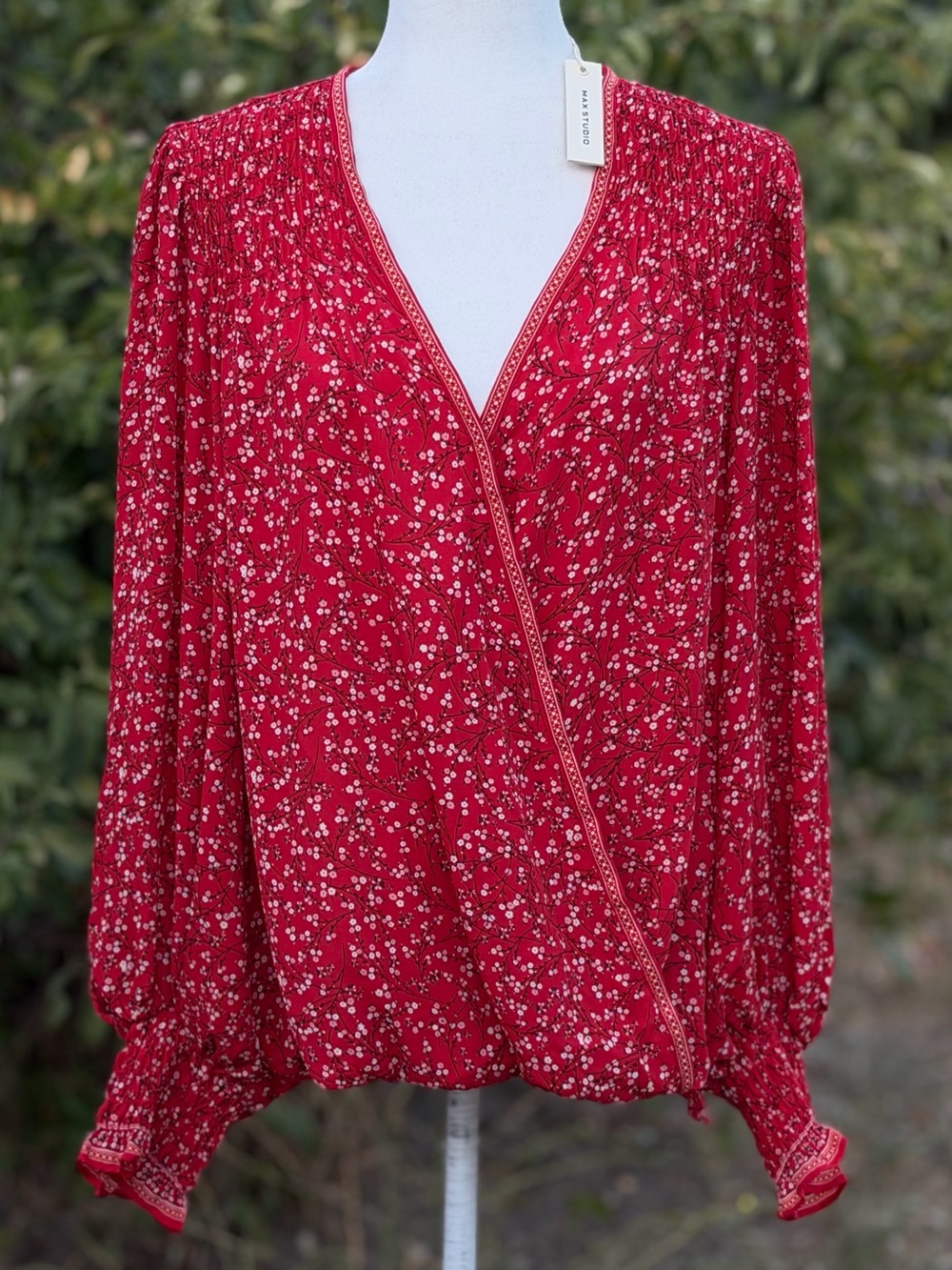 Max Studio Red Dainty Floral Surplice V-Neck Long-Sleeve Georgette Blouse ~ XL